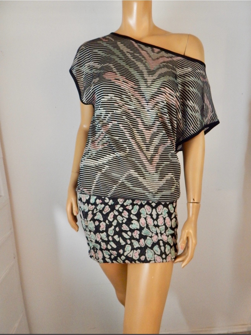 M by Missoni Black Striped Mini Dress with Pastel Pink & Mint Accents